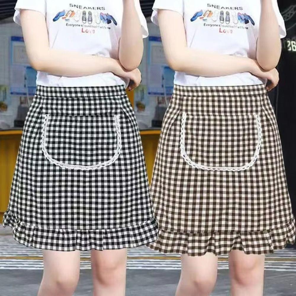 Nytt Bomullsförkläde Halvlängd Fläckbeständigt Rutigt Kökförkläde Andningsbart Halvmidjeförkläde för Matlagning eller Arbete