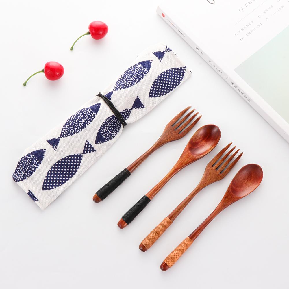 Kitchen Handmade Cloth Bag Portable Spoon Fork Wooden Natural Cutlery Set Tea Scoops