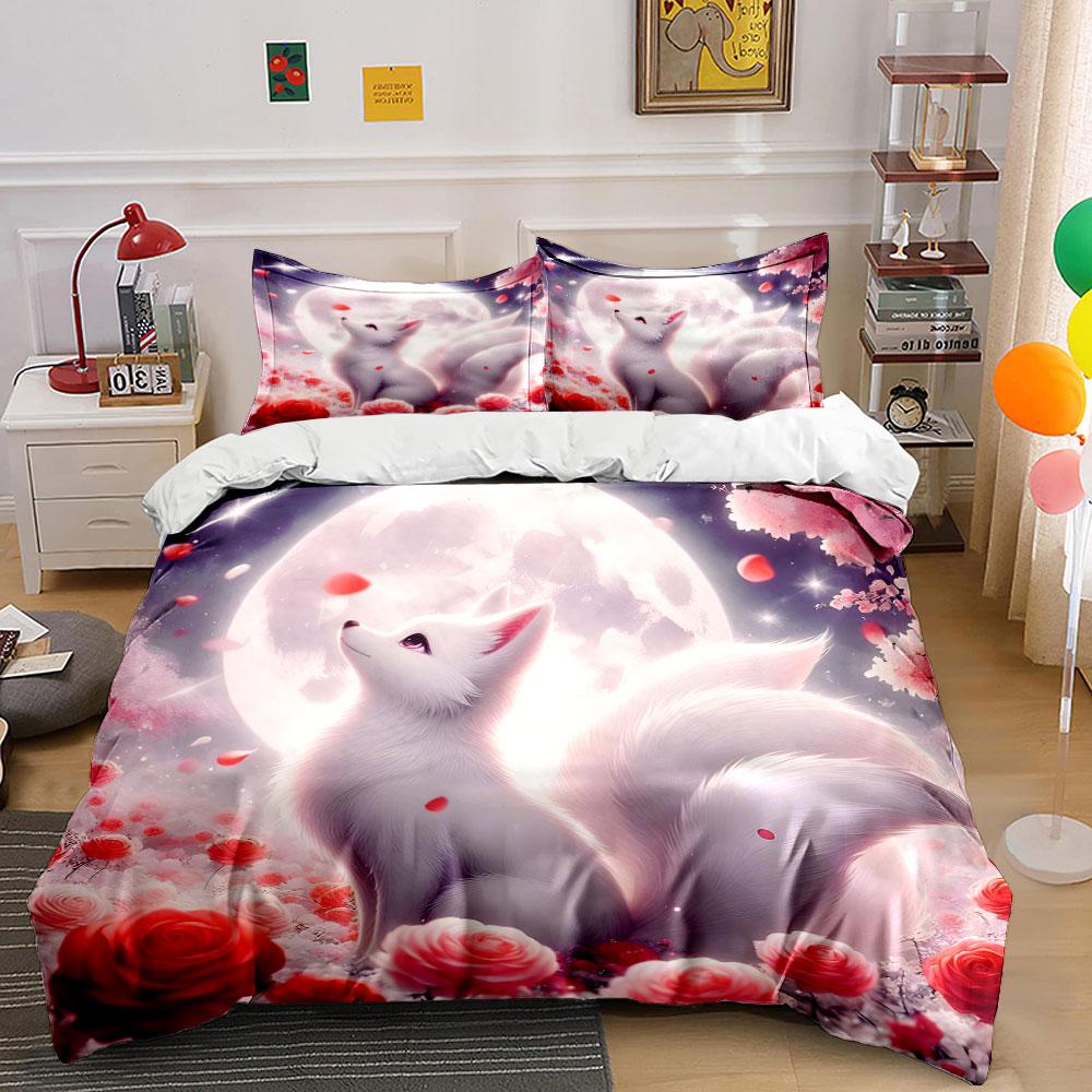 Enchanting Fox Amidst Moonlit Blossoms Duvet Cover Set With 3D Printing Design Soft Polyester Bedding Set All-Season Comfort