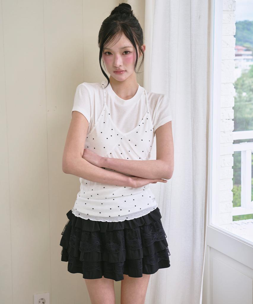 THE GREEN LAB Dot Halter Top Layered Short Sleeve Set [White]