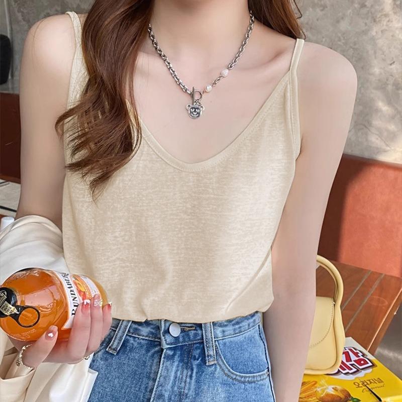 Women V-neck Spaghetti Strap Camisole Casual Solid Color Bamboo Cotton Lightweight Tank Top