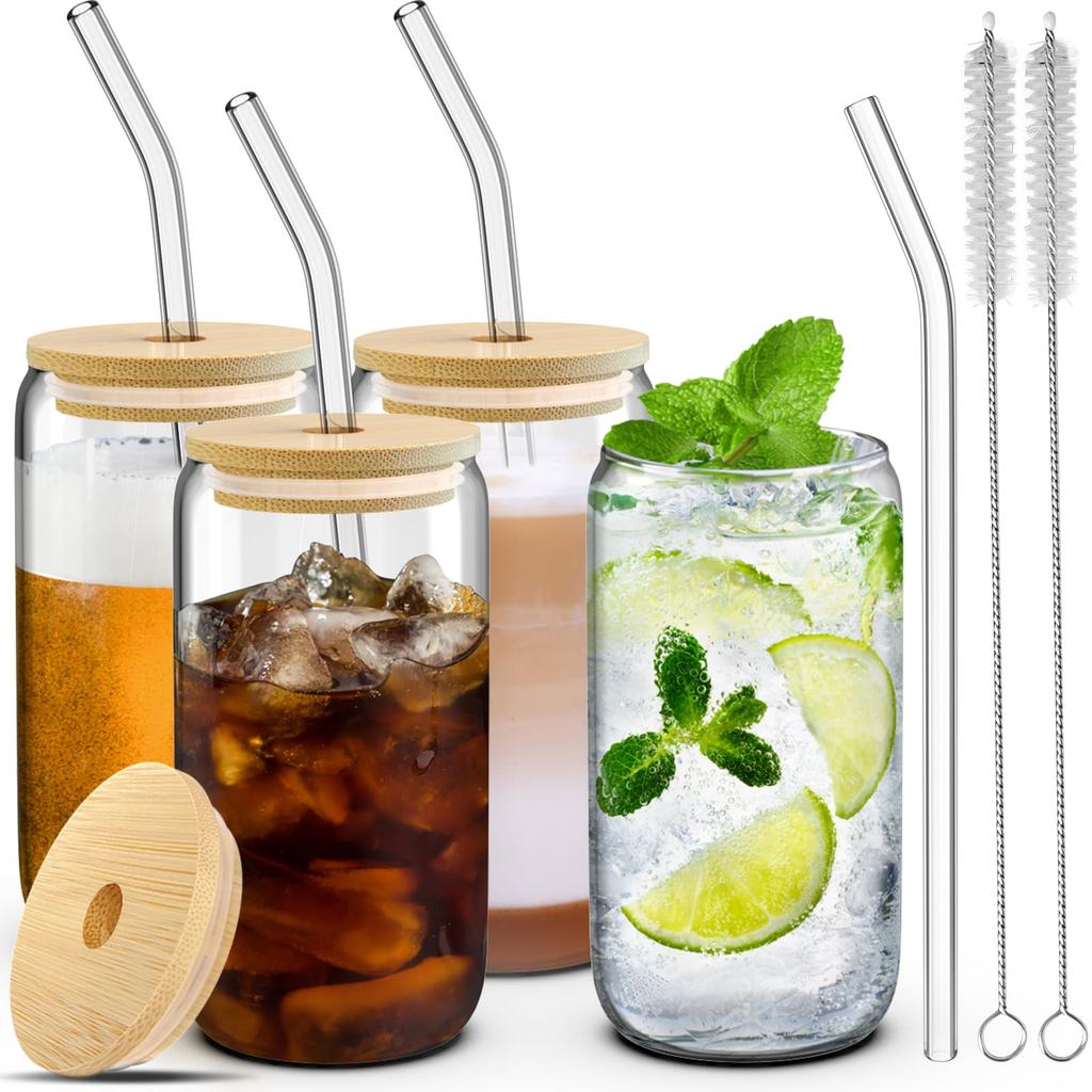 1/4 st 400 ml Glasmugg med Trälock och Sugrör Juice Dryck Ölmugg Kaffe Mjölk Genomskinlig Vattenmugg Lämplig för Festligheter