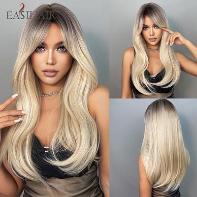 Perruques synthétiques platine longues pour femmes, perruques brunes blondes avec frange, perruques quotidiennes résistantes à la chaleur, perruque de Cosplay