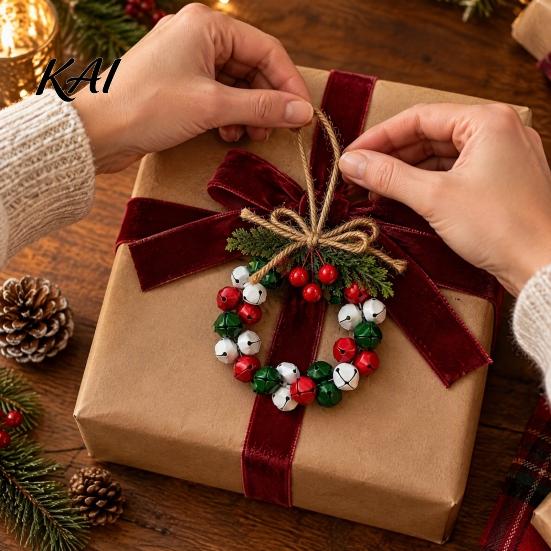 Decorative Bow Bells Mini Jingle Christmas Wreath, Rustic Metal Bell Hanging Wreath with Faux Pine Branch, Entryway Ritual Decor Red Berries And Jute