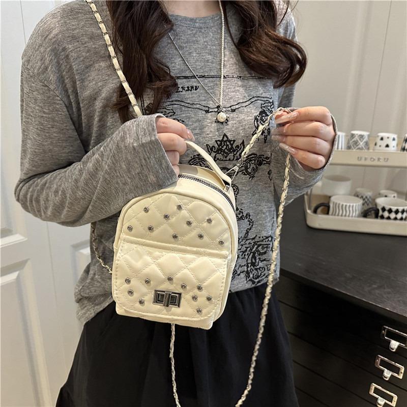 Diamondencrusted Small Backpack Women's New Trendy Fashion Versatile Chain Texture Oblique Span Bag