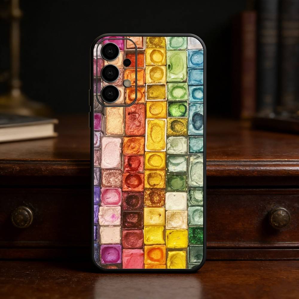 Watercolors Set Paint Palette Phone Case For Samsung S25,24,23,22,30,21,10,9,Ultra,Plus,Lite Soft Black Case