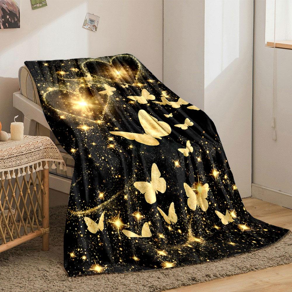 Golden Butterflies Glitter Hearts Blanket Bedroom Blanket for Livingroom Couch Lunch Break Soft Throw for Friend's Festival Gift
