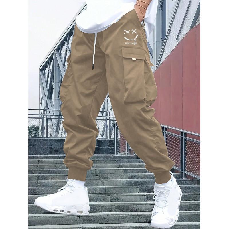 Mens Vintage Workwear Cargo Pants Loose Fit Straight Leg Printed Trousers Fall Outdoor Activity