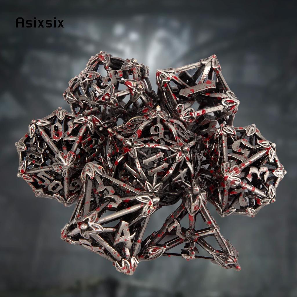7-teiliges Würfelset aus Metall mit silbernen roten Blättern und Blumen, hohles polyedrisches Metallwürfelset, geeignet für Rollenspiele, RPG-Brettspiele, Kartenspiele