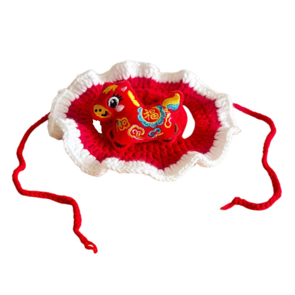 

Cartoon Chinese Style Pet Scarf Zodiac Horse Design Red Pet Knitted Hat Adjustable Elastic New Year Cat Headwear Photo Prop