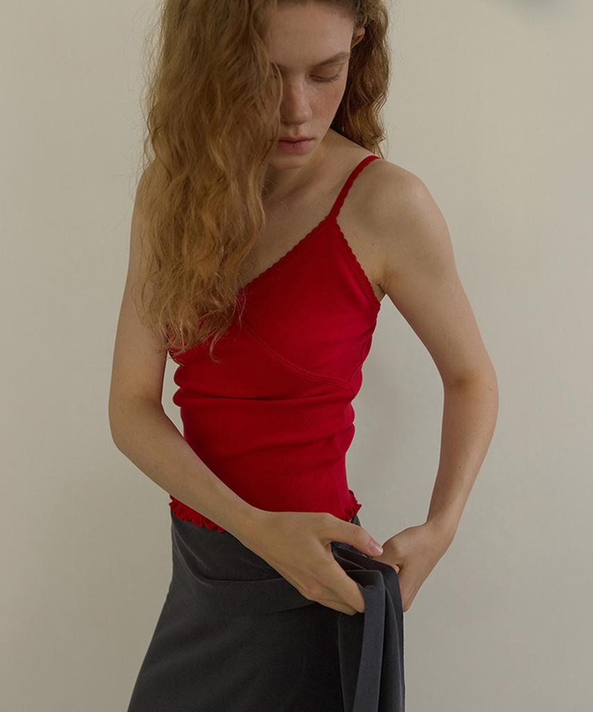 LONQUE Lace Trim Sleeveless Cami Top (Red)