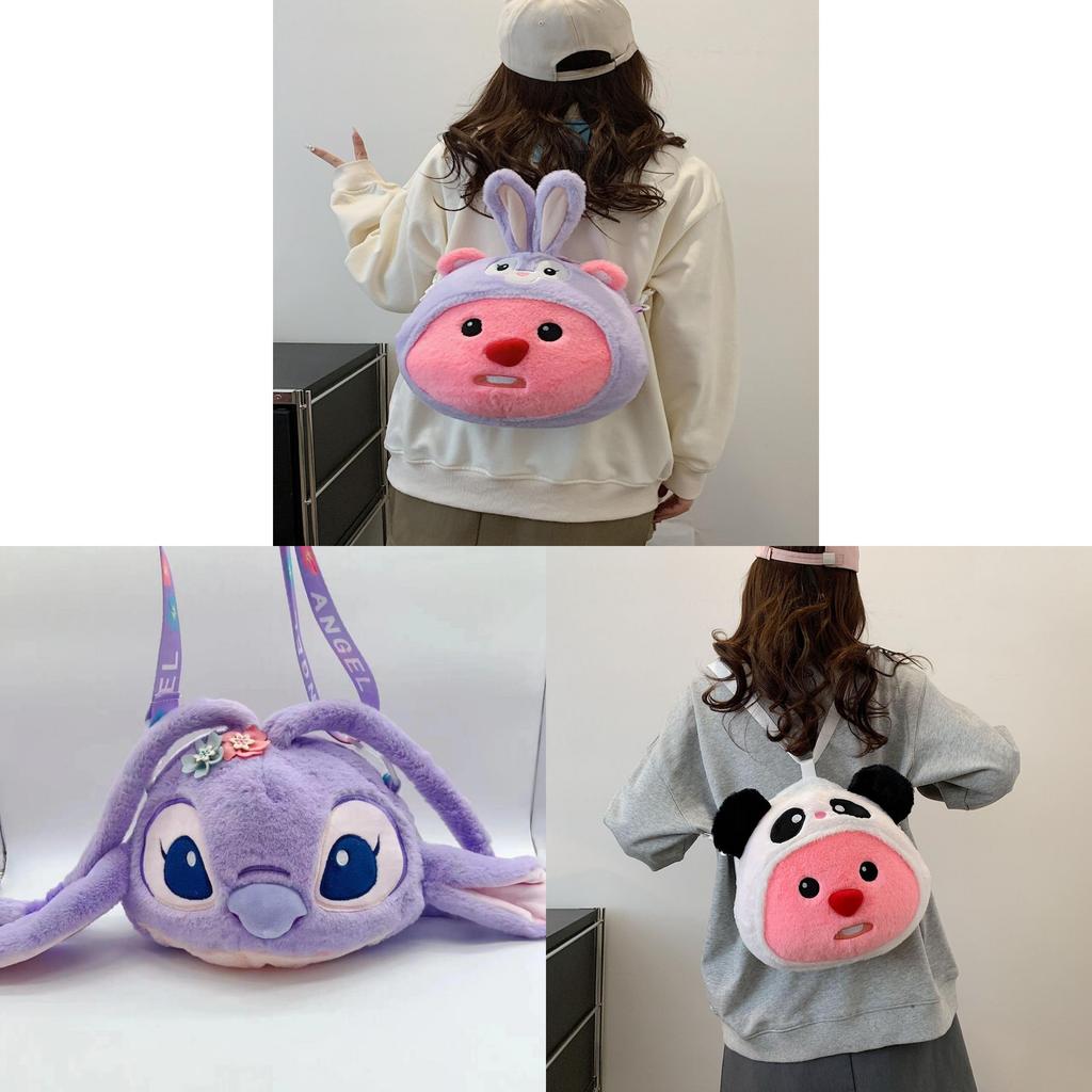 Loopy Hello Kitty Stitch Cartoon Plush Soft Round Bag With Zipper Closure For Daily Use