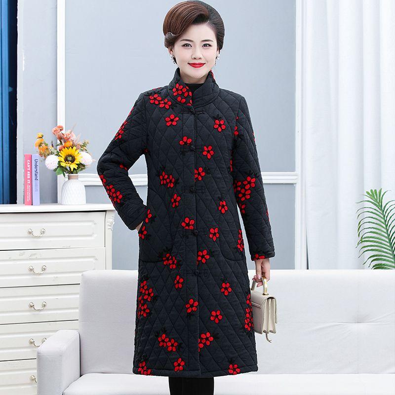 

Хлопковое пальто с вышивкой в китайском стиле для женщин среднего возраста, утепленная теплая длинная куртка с застежками-лягушками 4XL чёрный