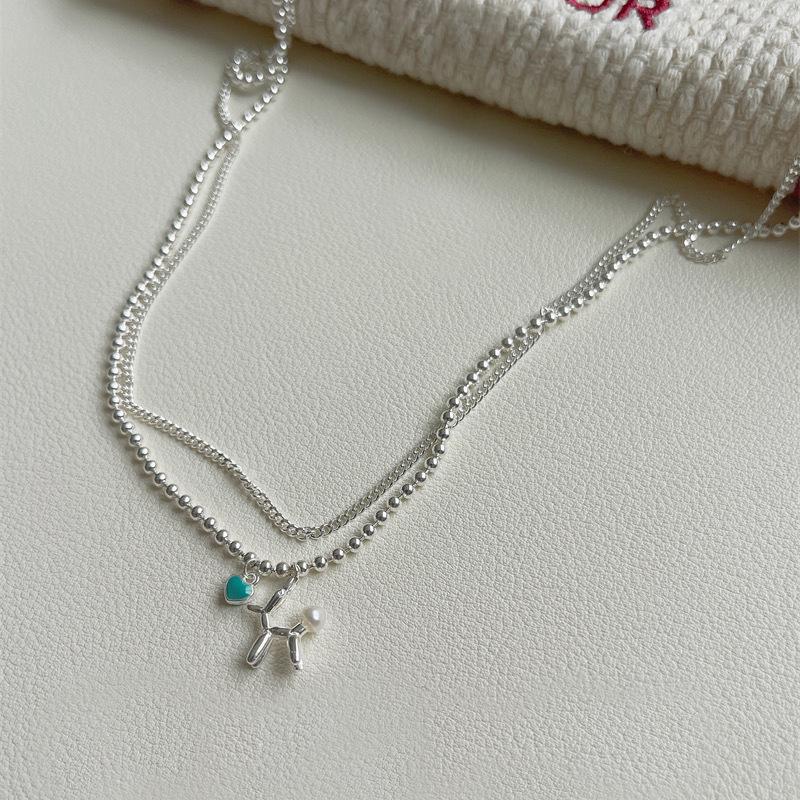 Halskette im koreanischen Stil aus S925 Sterlingsilber, doppellagig, mit Ballonhund und Epoxy-Herz - Minimalistisches Damen-Design