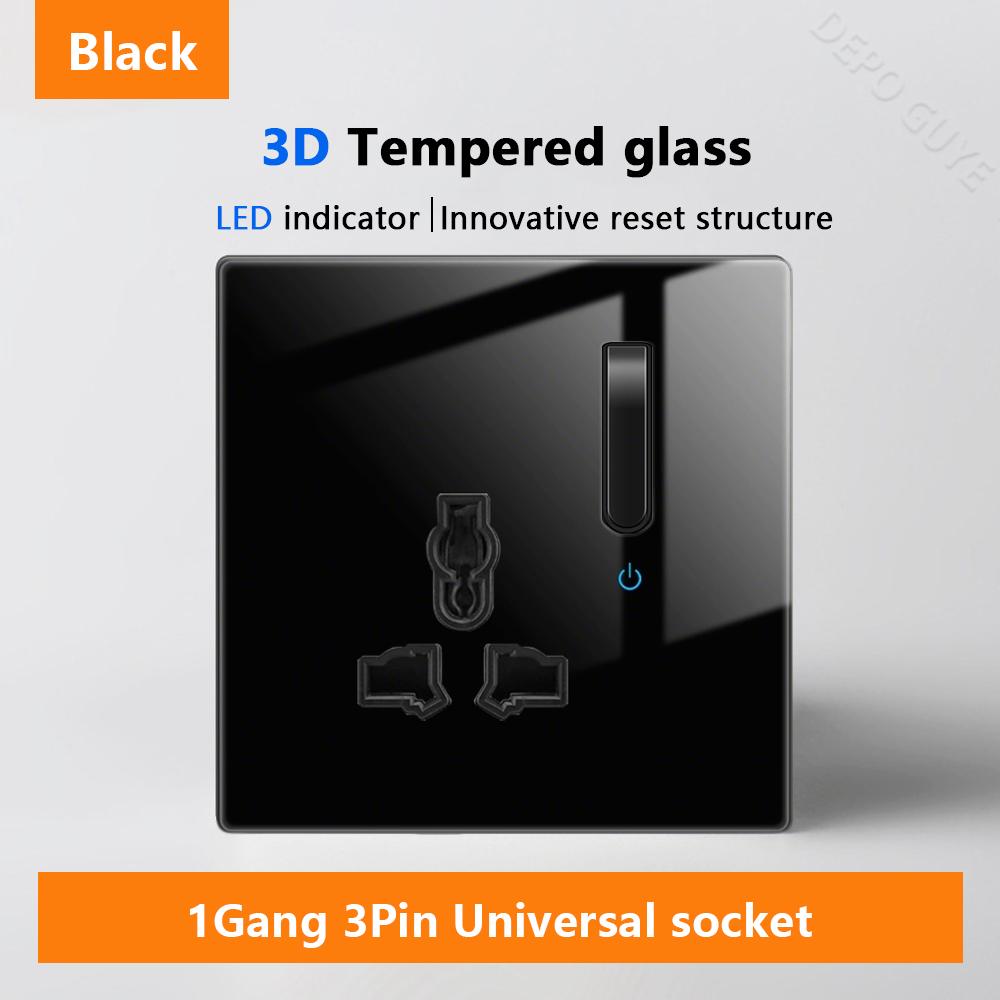 Luxury LED Indicator Light Switch Black Tempered Glass Piano Key Self-reset Wall switch,UK EU Universal USB C Electrical Socket