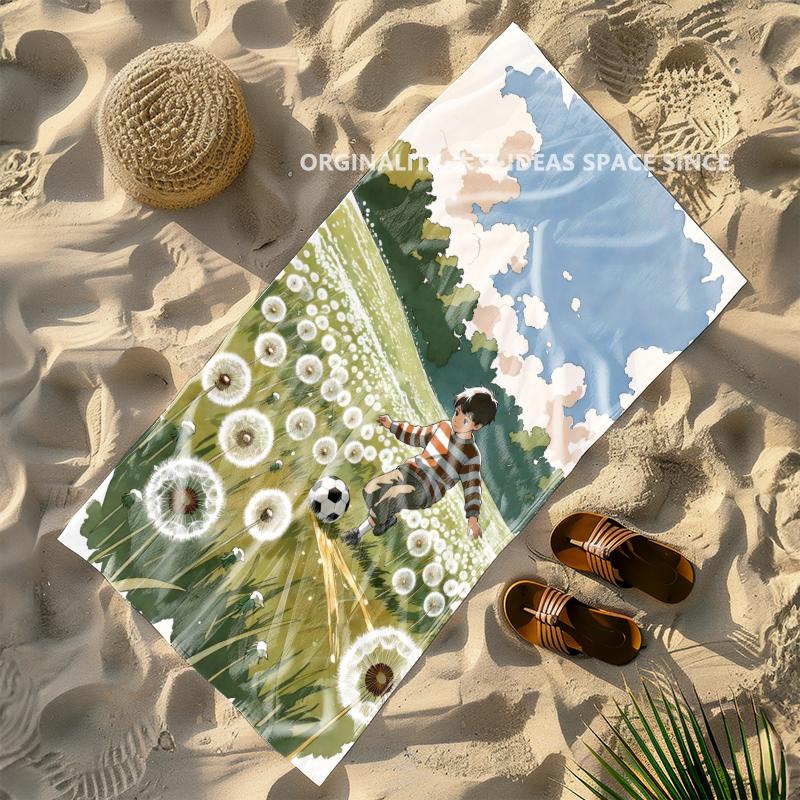 Boys' Football Dandelion Field Beach Towel Patterned Sunscreen And Windproof Suitable For Swimming Pool Camping Travel