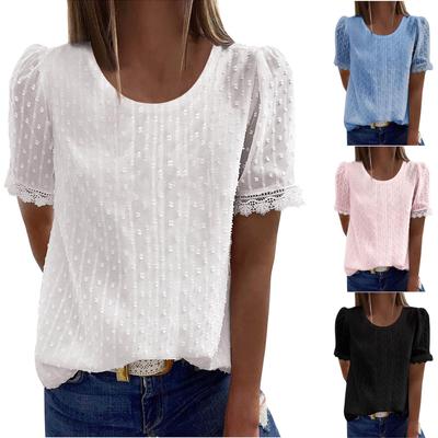 Tops para mulheres elegantes casuais, camisetas de manga curta bufante, gola redonda, camiseta