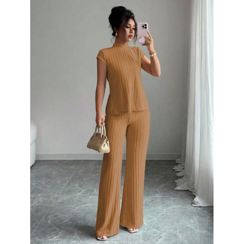 European Women's Solid Color Short-sleeve T-shirt & Ribbed Pants Set - 2025 Style
