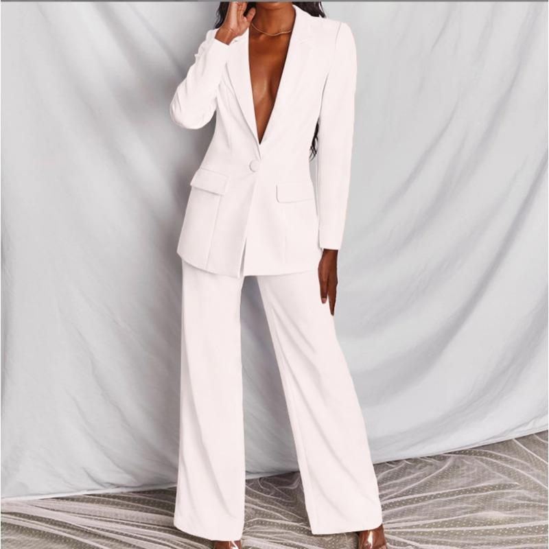 Women's Solid Color Notched Lapel Single Button Long Sleeve Blazer Wide Leg Pant Elegant Formal Two Piece Pant Suit