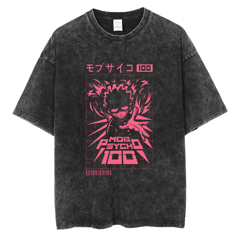 Men Casual Oversized Washed Harajuku Mob Psycho 100 T-shirt Washed Japanese Anime Graphic Loose Streetwear Black Tops Mob Tees