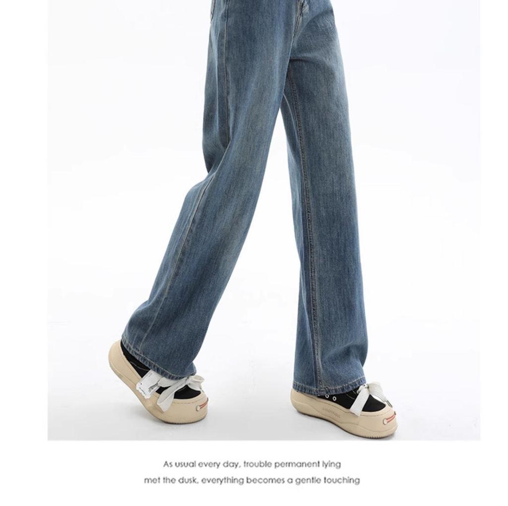 Women's Retro Blue Wide-Leg Fleece-Lined High-Waist Jeans - Plus Size, Floor-Length, Autumn/Winter 2024