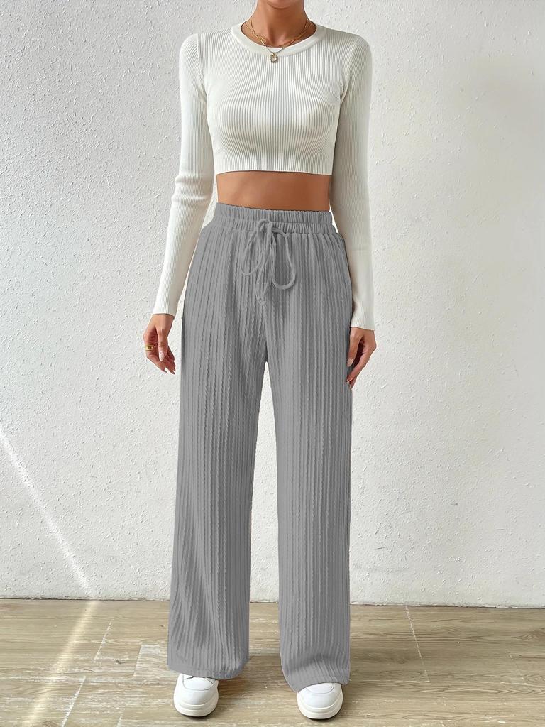 2024 Women's Textured Knit Wide-Leg Pants - Elastic High Waist, Tie Waist, Solid Color, Casual Loose Fit