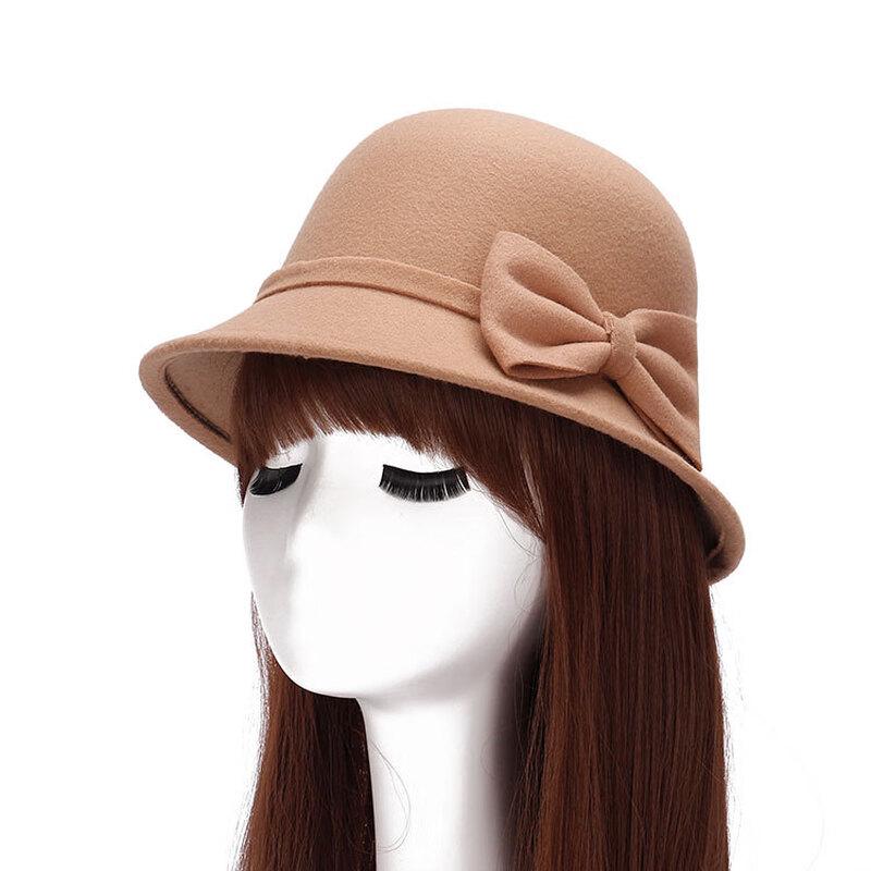 Women's Korean Style Double Bowknot Wool Felt Basin Hat