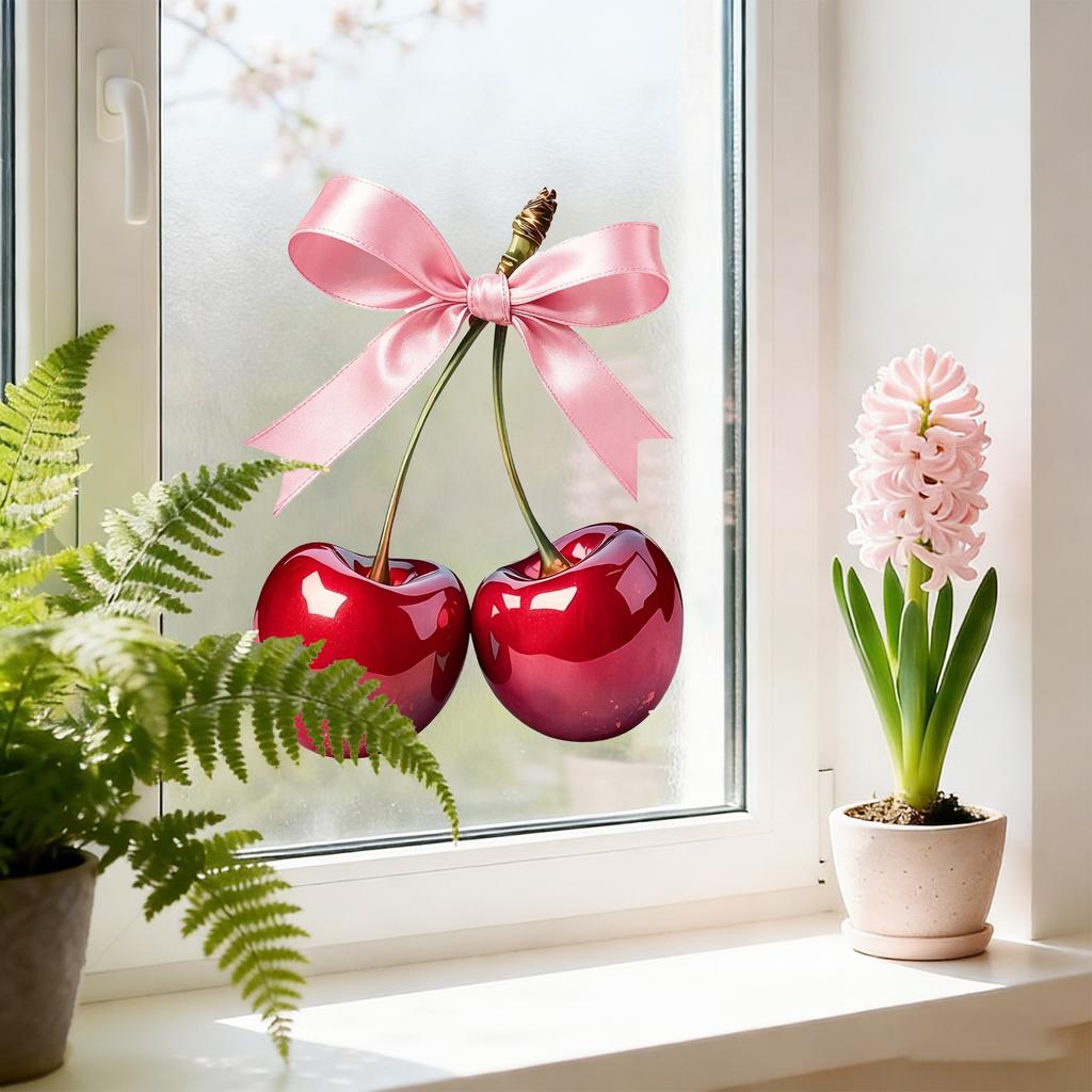 Cherry Bow Static Window Cling Self Adhesive Removable Glass Decal Bedroom Balcony Decor
