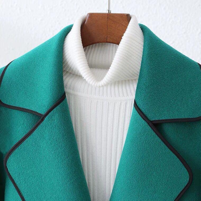 Korean Style Women's Slimming Imitation Cashmere Wool Coat - Color Block Mid-Length for Autumn and Winter