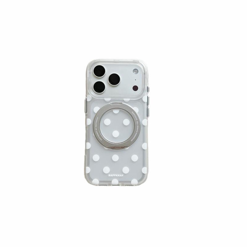 Simple White & Pink Polka Dot 360° Bracket for Apple 17 Pro Max, 16 Pro Max, 15 Pro - Double Layer Protection