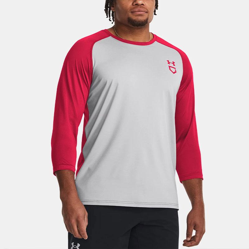 Under Armour Utility Color Block Breathable Sweat-Wicking Three-Quarter Sleeve T-Shirt Men tops Gray Red 1379950-013