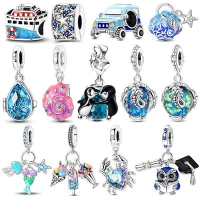 Kupfer Blaue Ozean Charms Perle Eingelegt Zirkonium Pinguin Eule Anhänger Passend für Armreif Armband DIY Schmuck Markierung