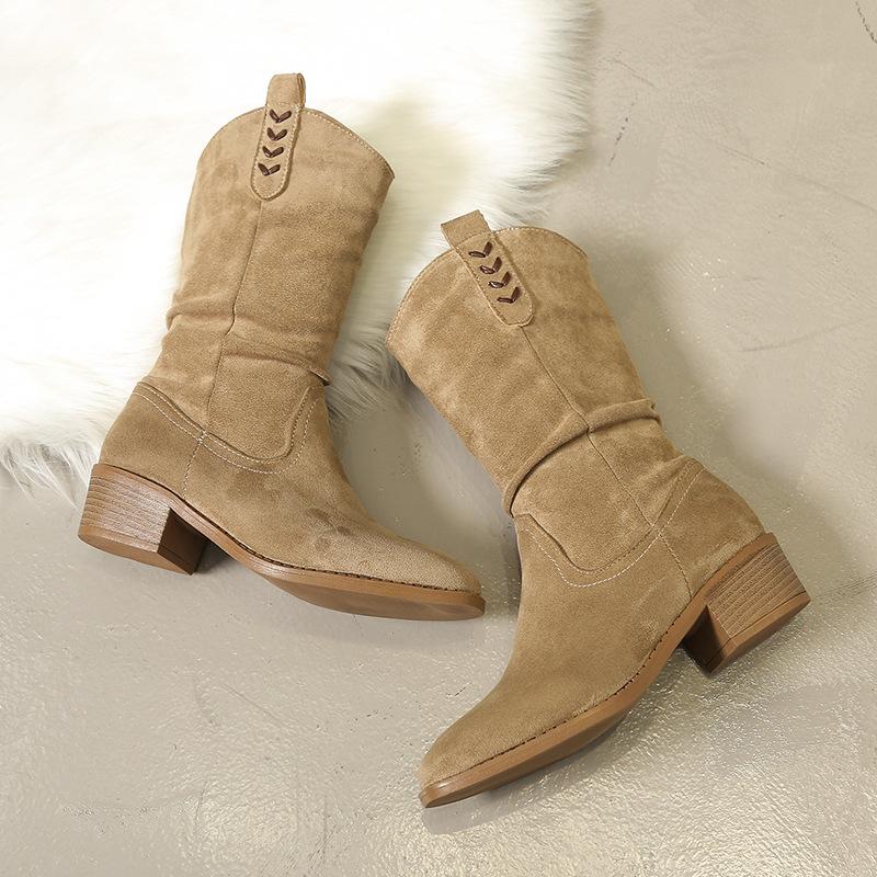 Large size women's boots 2025 autumn and winter new denim retro pleated piled boots pointed thick heel thin Martin boots