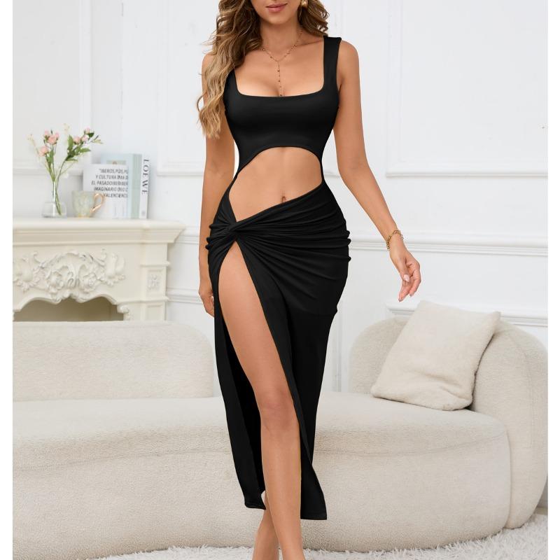 Women's Long Skirt Halter Solid Color Hollow Midriff Sexy Dress