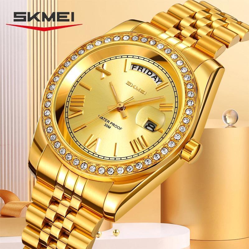 Mens Analog Quartz Watch Diamond Encrusted Bezel Day & Date Display Waterproof Stainless Steel Band