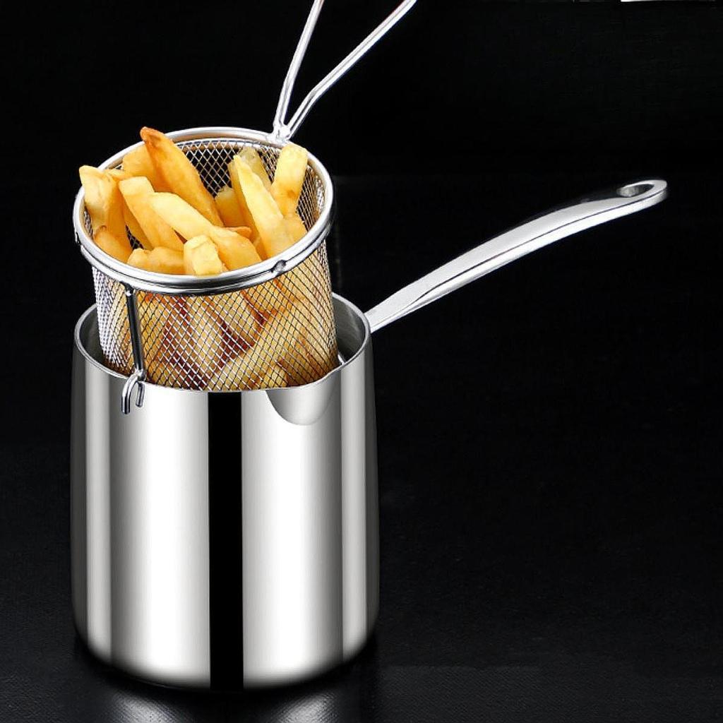 Deep Fryer Pot Small with Filter, Oil Cooking Multipurpose Strainer Basket Frying