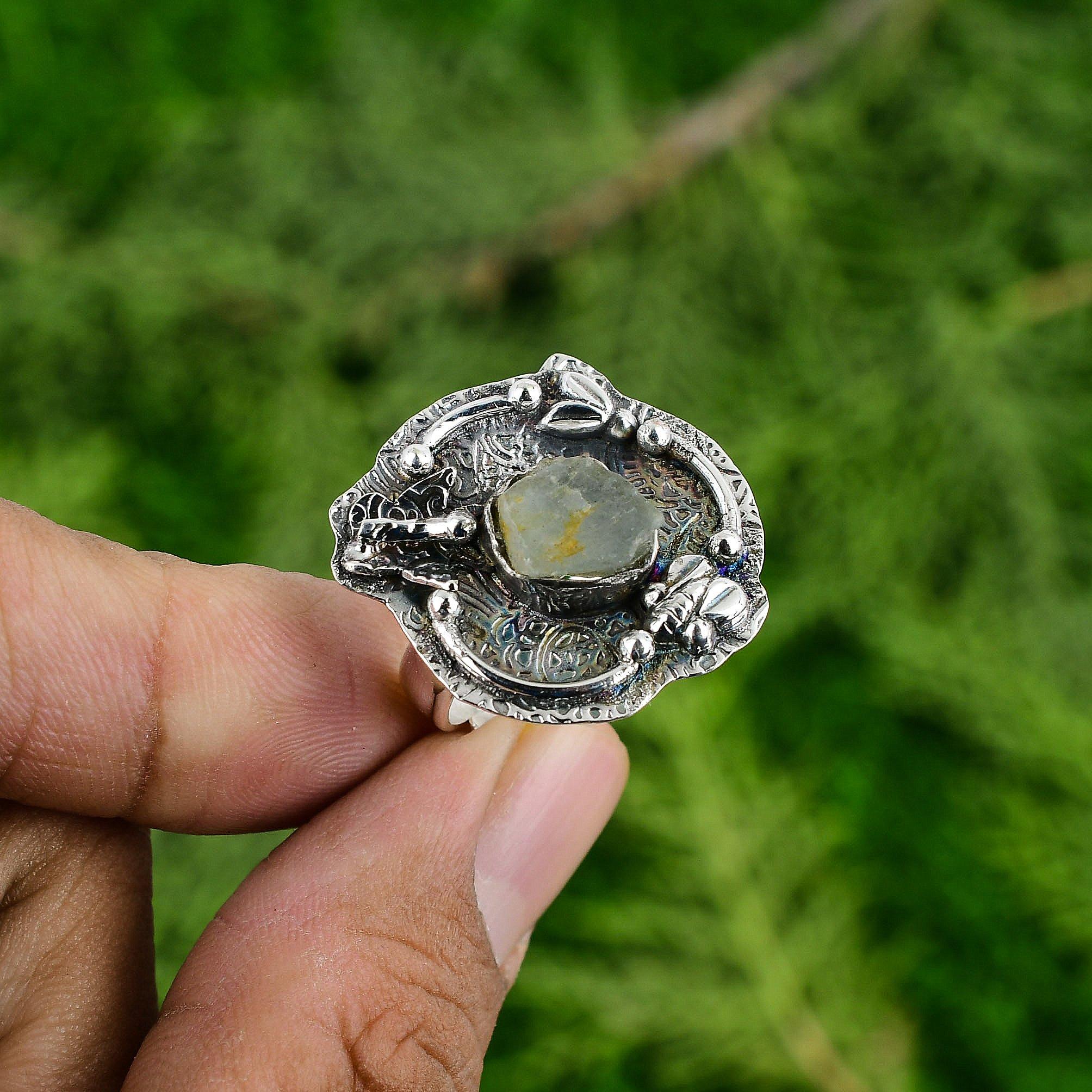 

Элегантное этническое новое кольцо из стерлингового серебра 925 пробы с необработанным пренитом в форме восьмиугольника Adjustable