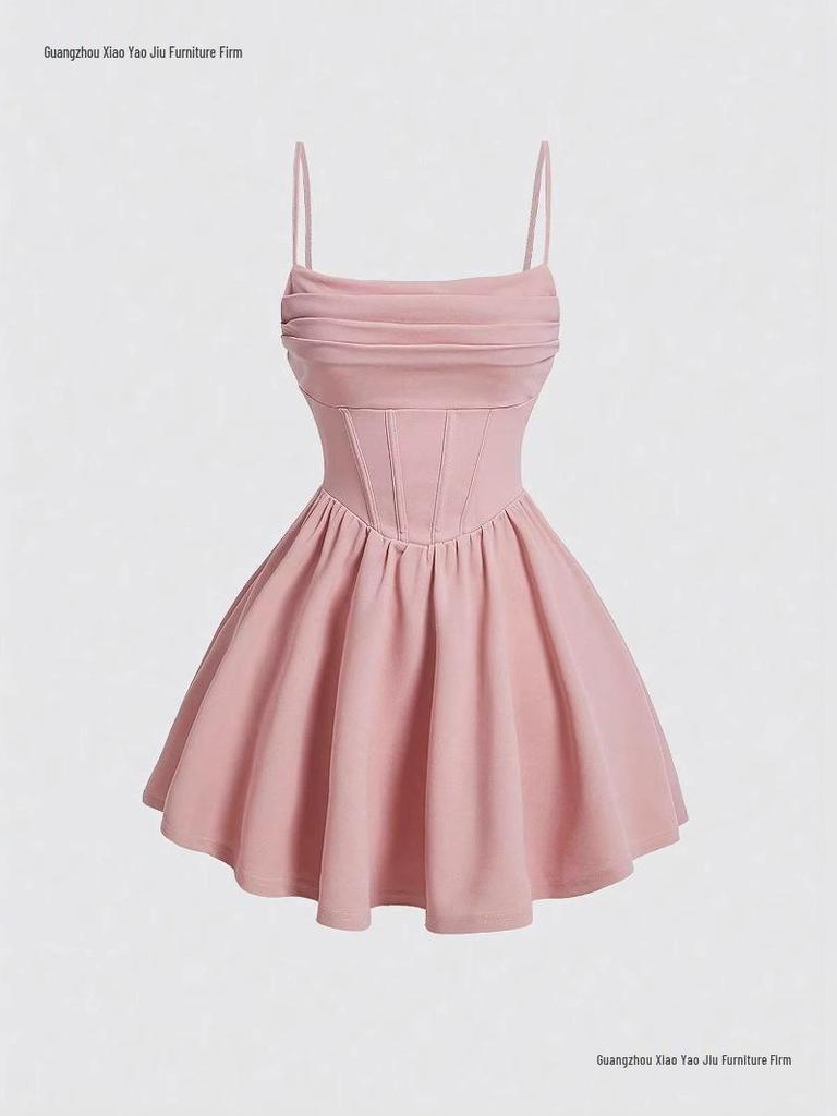 New Summer Fashion Evening Gown: Sexy Solid Color Pleated Dress with Back Zipper & Spaghetti Straps