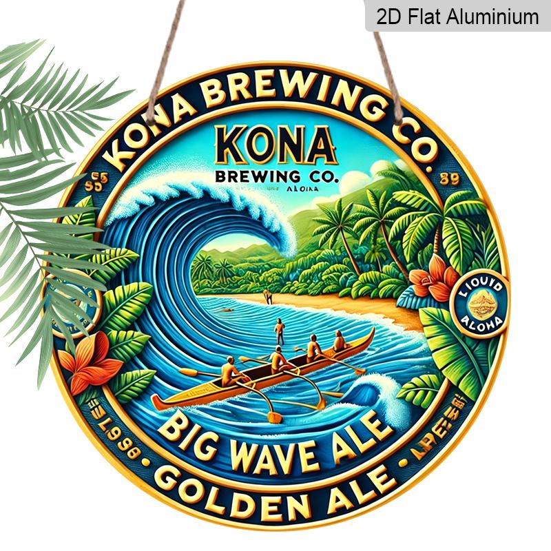 

2D Flat, Kona Brewing Co. 1pc Big Wave Ale Vintage Hawaiian Surf Metal Wall Decor - Official Brewery Design, Weatherproof Aluminum Hanging Plate with 7.87×7.87inch