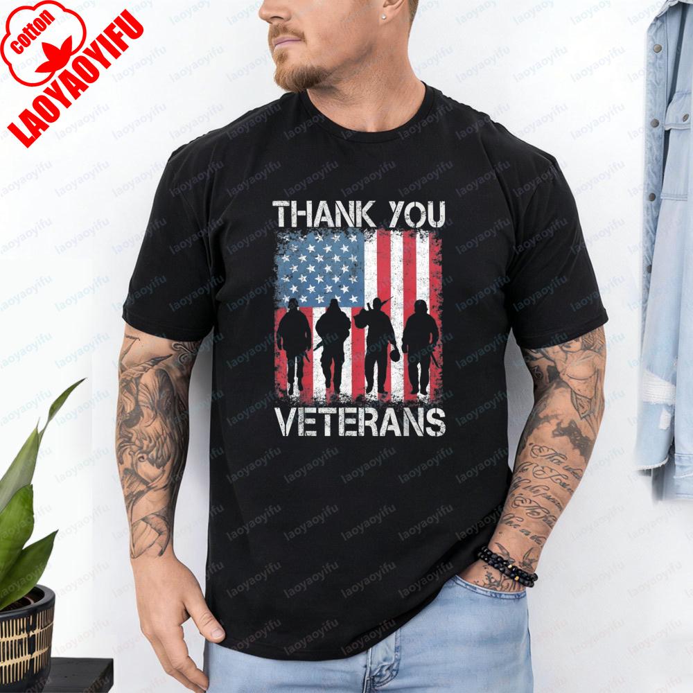 Thank You Veterans TShirt Homme America Flag Soldier Silhouette Patriotic Cotton Tee Veterans Day Vintage Simple Mens Clothes