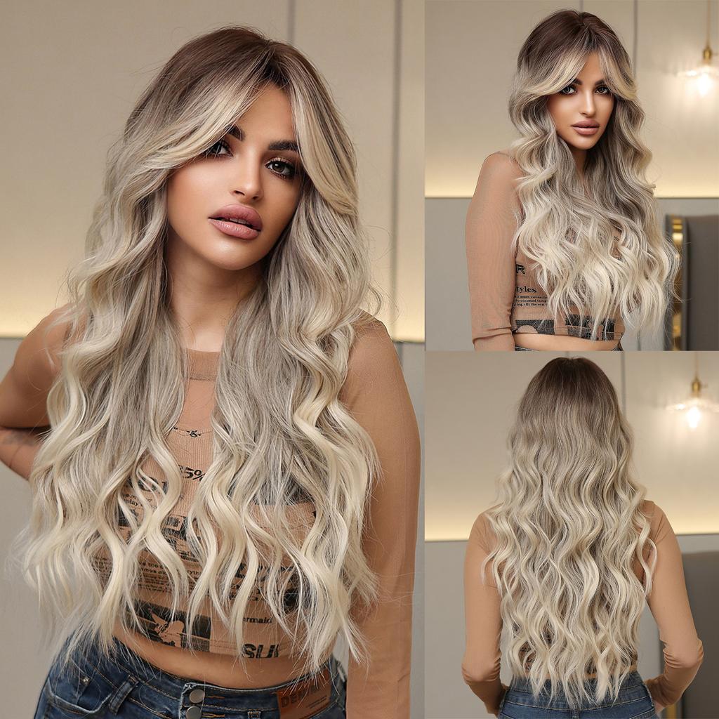 Wigs, Qi Bangs Big Waves Long Curly Hair Gradual Change Brown High Temperature Silk Chemical Fiber Wig Headgear