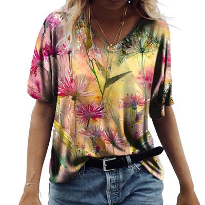 Sommer Frauen Blumendruck Tops O Hals Kurzarm lose 3D T-Shirt