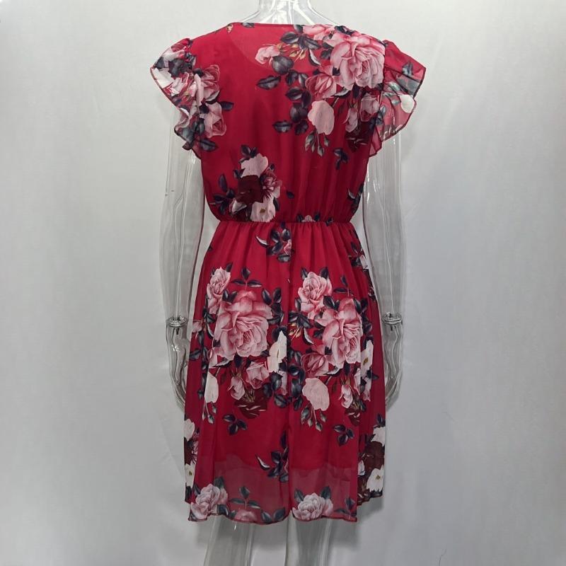 IHUASU Summer Holiday Style Ruffle Short Sleeve Chiffon Printed Rose Dress