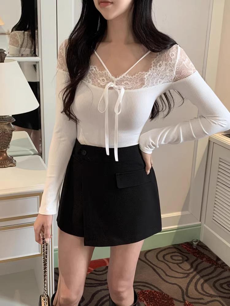 Korean Dongdaemun Women's Sexy Lace Spliced Slim Knit Sweater
