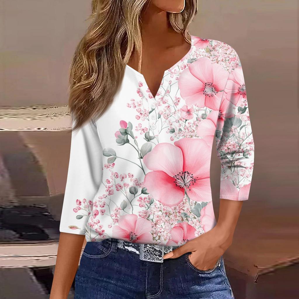 Women's T Shirt Tee Print Button 3/4 Sleeve Daily Weekend Fashion Basic V- Neck Regular Top