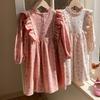 Spring 2026 Korean Style Children's Floral Dress with Stand Collar and Ruffle Lace - Long Sleeve Princess Skirt