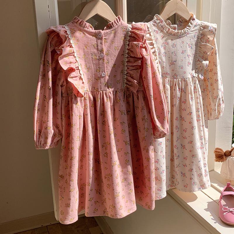 Spring 2026 Korean Style Children's Floral Dress with Stand Collar and Ruffle Lace - Long Sleeve Princess Skirt