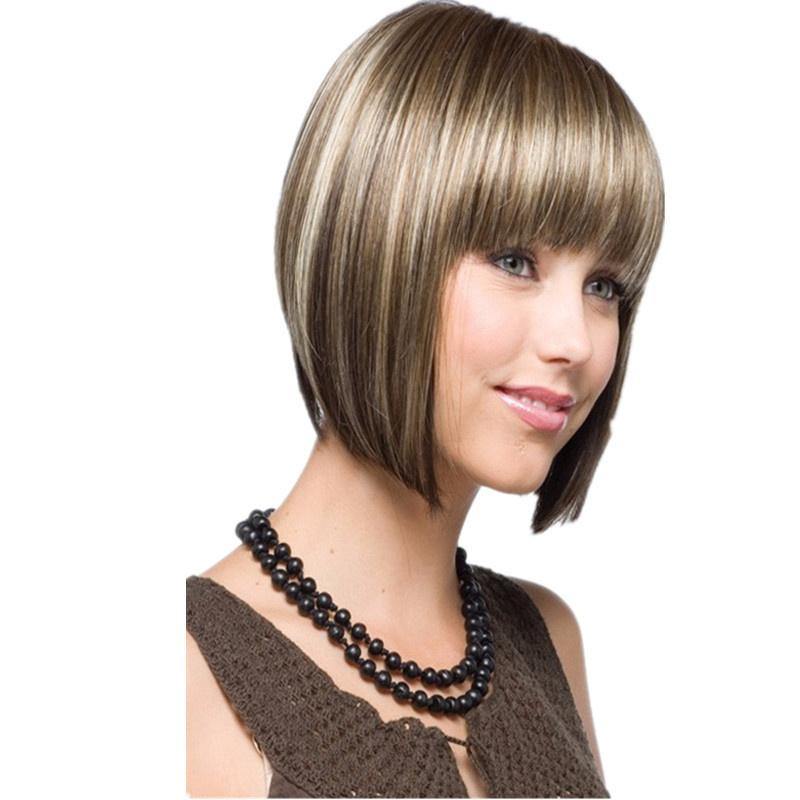 Synthetic Hair Brown Wigs Short Bob Wig Bangs White Women Mixed Brown Straight Natural Mommy Wig Old Lady Costume Female Daily