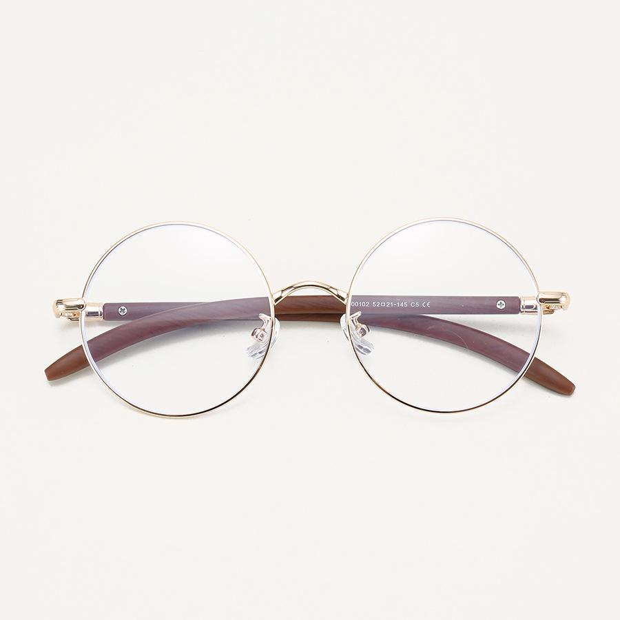 00102 Retro Japanese Metal Big Round Glasses Frame Men And Women Myopia Plain Light Wood Grain Legs Literary Frame