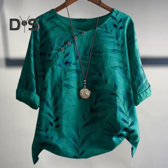 Dámské letní tričko s kulatým výstřihem, krátkým rukávem, volného střihu, pulovrové topy, retro potisk listů, knoflíková dekorace, tenké tričko